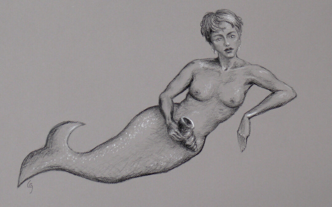 charcoal drawing of mermaid