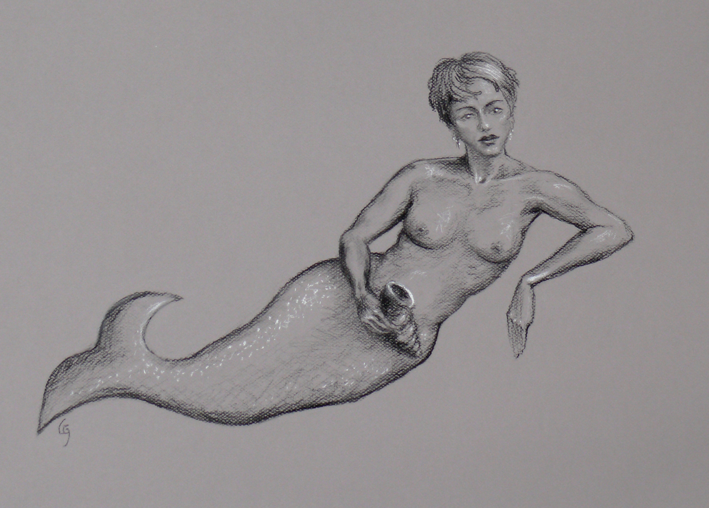 charcoal drawing of mermaid